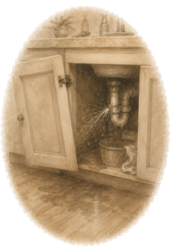 A burst pipe under the kitchen sink, and a cabinet door slightly of its hinge