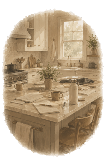 A kitchen with papers and kitchenware scattered across the counter.