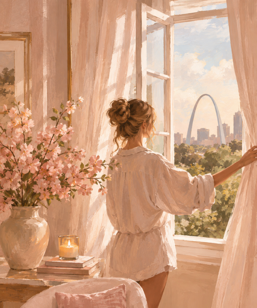 woman opening the window of her beautiful apartment with the St. Louis arch visible in the distance.