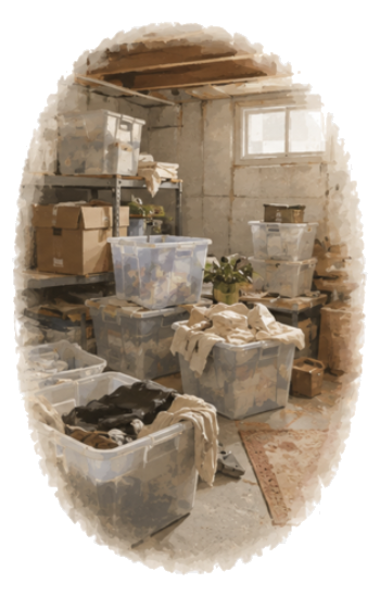 A storage room with tubs and items scattered throughout the space.