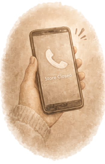Someone holding a cell phone that says ""Store Closed" on the screen